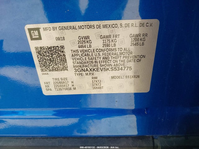 Продажа на аукционе авто 2019 Chevrolet Equinox Lt, vin: 3GNAXKEV5KS534775, номер лота: 45193132