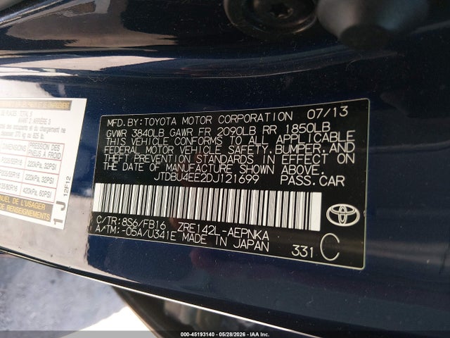 Aukcja sprzedaży 2013 Toyota Corolla Le, vin: JTDBU4EE2DJ121699, numer aukcji: 45193140