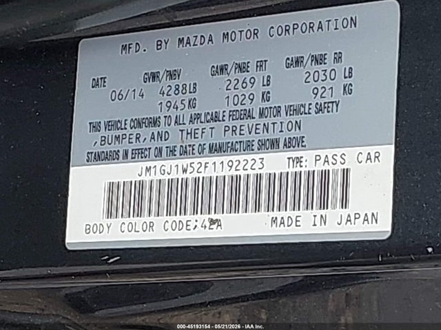 Aukcja sprzedaży 2015 Mazda Mazda6 I Grand Touring, vin: JM1GJ1W52F1192223, numer aukcji: 45193154