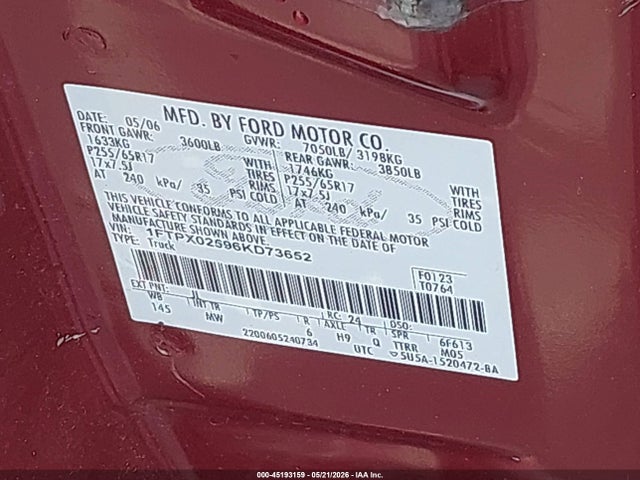Продажа на аукционе авто 2006 Ford F-150 Xlt, vin: 1FTPX02596KD73652, номер лота: 45193159