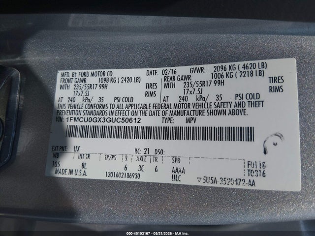 2016 Ford Escape Se მანქანა იყიდება აუქციონზე, vin: 1FMCU0GX3GUC50612, აუქციონის ნომერი: 45193167