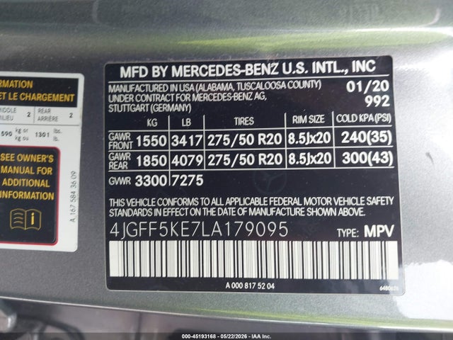 2020 Mercedes-benz Gls 450 4matic მანქანა იყიდება აუქციონზე, vin: 4JGFF5KE7LA179095, აუქციონის ნომერი: 45193168