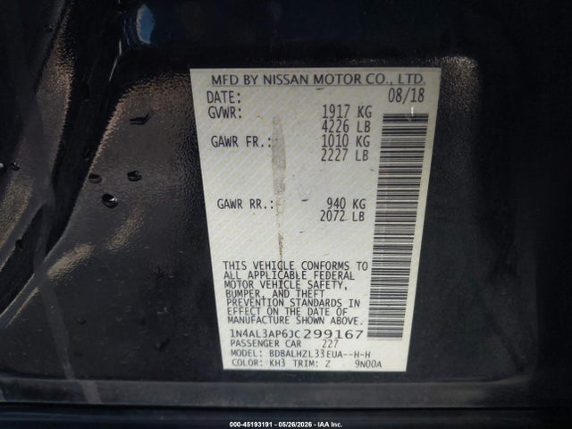 2018 Nissan Altima 2.5 Sr მანქანა იყიდება აუქციონზე, vin: 1N4AL3AP6JC299167, აუქციონის ნომერი: 45193191