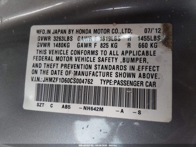 2012 Honda Cr-z Ex მანქანა იყიდება აუქციონზე, vin: JHMZF1D60CS004762, აუქციონის ნომერი: 45193192