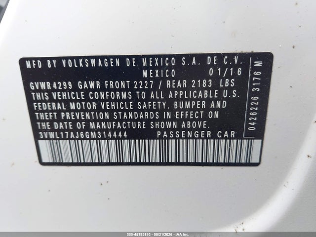 Aukcja sprzedaży 2016 Volkswagen Jetta 1.8t Sel, vin: 3VWL17AJ6GM314444, numer aukcji: 45193193