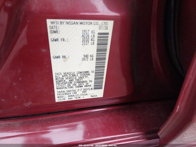Aukcja sprzedaży 2016 Nissan Altima 2.5 Sv, vin: 1N4AL3AP2GC273058, numer aukcji: 45193196