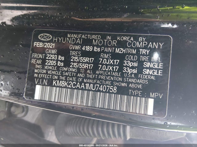 Aukcja sprzedaży 2021 Hyundai Kona Sel, vin: KM8K2CAA1MU740758, numer aukcji: 45193200