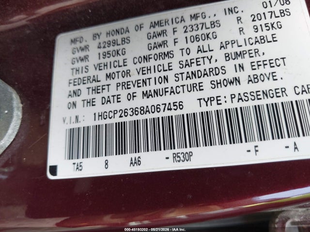 Auction sale of the 2008 Honda Accord 2.4 Lx, vin: 1HGCP26368A067456, lot number: 45193202