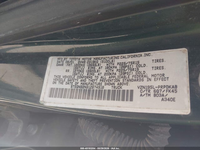 Продаж на аукціоні авто 2001 Toyota Tacoma Prerunner V6, vin: 5TEGN92N31Z874518, номер лоту: 45193204