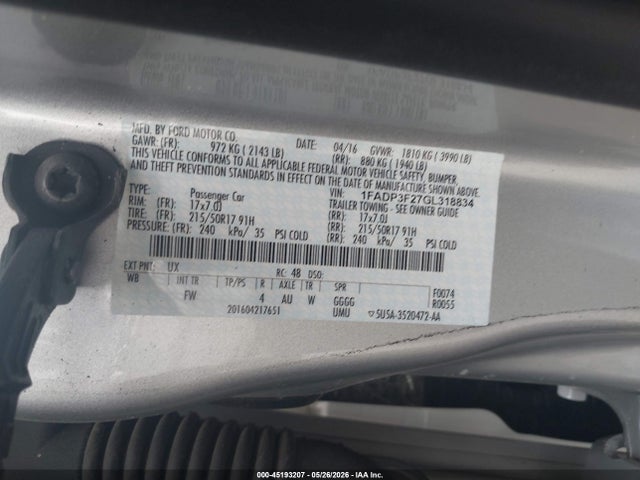 45193207 :رقم المزاد ، 1FADP3F27GL318834 vin ، 2016 Ford Focus Se مزاد بيع