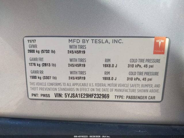 Продажа на аукционе авто 2017 Tesla Model S 100d/60d/75d/90d/p100d, vin: 5YJSA1E29HF232969, номер лота: 45193223