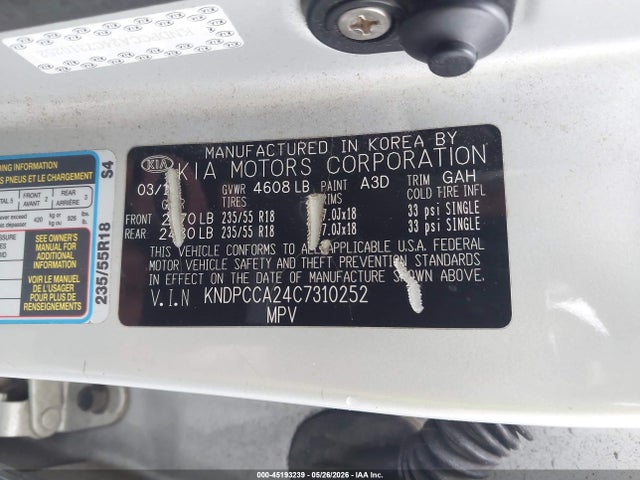 Aukcja sprzedaży 2012 Kia Sportage Ex, vin: KNDPCCA24C7310252, numer aukcji: 45193239