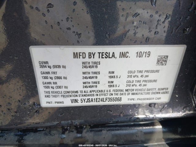 Aukcja sprzedaży 2020 Tesla Model S, vin: 5YJSA1E24LF355068, numer aukcji: 45193249