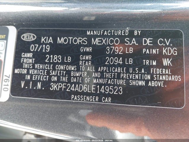 Продажа на аукционе авто 2020 Kia Forte Lxs, vin: 3KPF24AD6LE149523, номер лота: 45193253