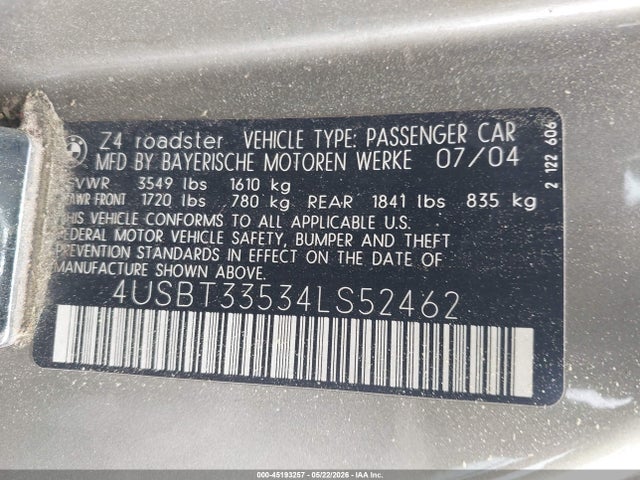 45193257 :رقم المزاد ، 4USBT33534LS52462 vin ، 2004 Bmw Z4 2.5i مزاد بيع