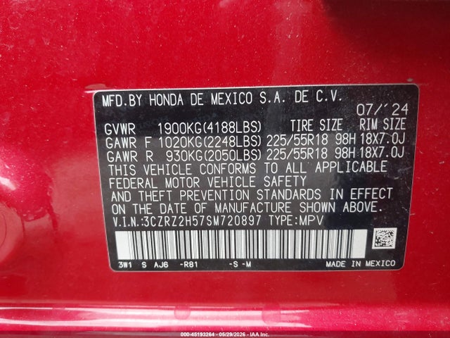 3CZRZ2H57SM720897 Honda Hr-v Awd Sport