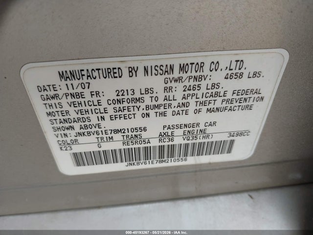Продажа на аукционе авто 2008 Infiniti G35 Journey, vin: JNKBV61E78M210556, номер лота: 45193267