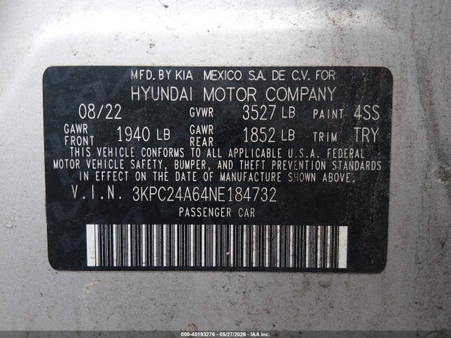 Продажа на аукционе авто 2022 Hyundai Accent Se, vin: 3KPC24A64NE184732, номер лота: 45193276