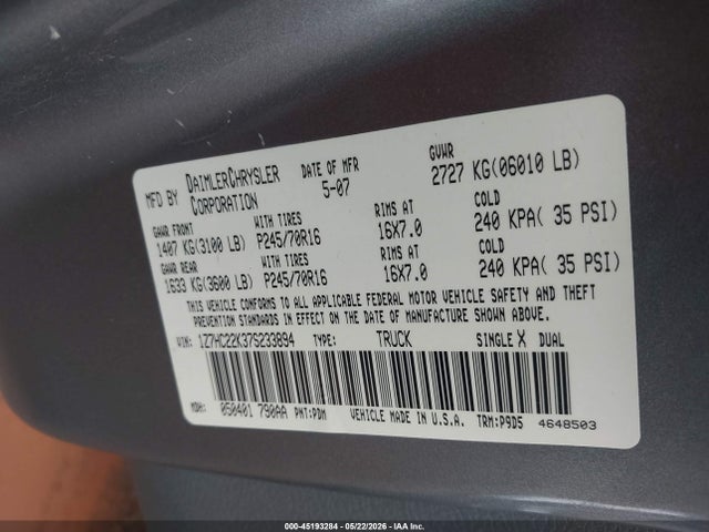 2007 Mitsubishi Raider Ls მანქანა იყიდება აუქციონზე, vin: 1Z7HC22K37S233894, აუქციონის ნომერი: 45193284