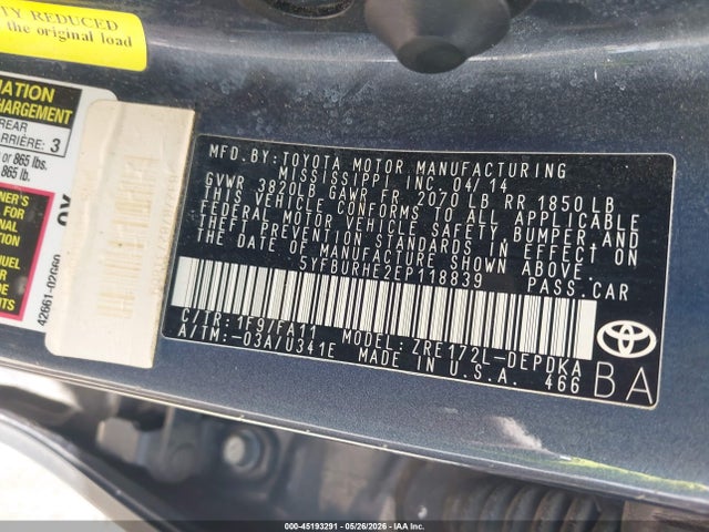 Toyota COROLLA L 2014 5YFBURHE2EP118839 Image 9