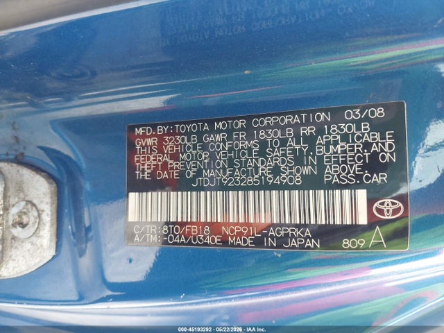 45193292 :رقم المزاد ، JTDJT923285194908 vin ، 2008 Toyota Yaris مزاد بيع