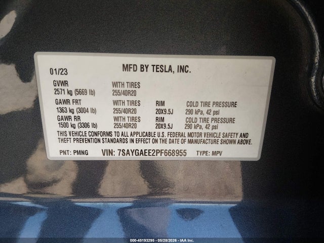 Aukcja sprzedaży 2023 Tesla Model Y Awd/long Range Dual Motor All-wheel Drive, vin: 7SAYGAEE2PF668955, numer aukcji: 45193295