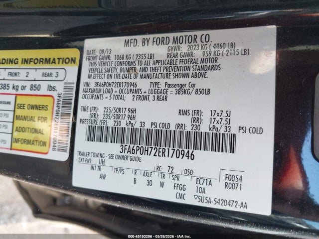 Aukcja sprzedaży 2014 Ford Fusion Se, vin: 3FA6P0H72ER170946, numer aukcji: 45193296