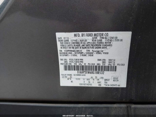 2011 Ford Taurus Sel მანქანა იყიდება აუქციონზე, vin: 1FAHP2EW6BG188532, აუქციონის ნომერი: 45193297