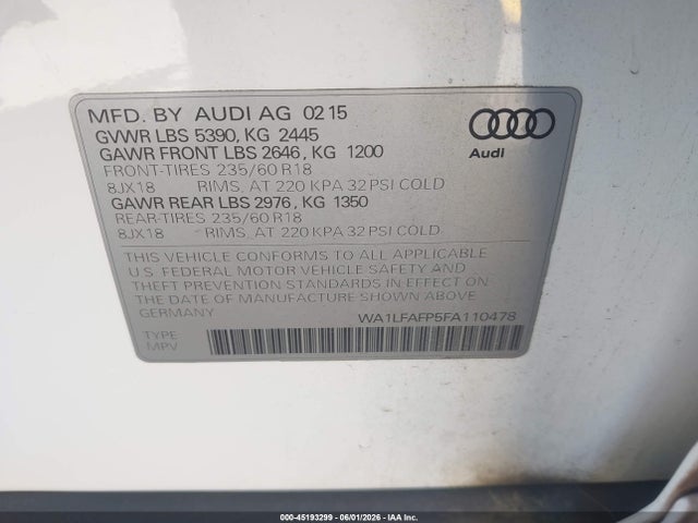 Продаж на аукціоні авто 2015 Audi Q5 2.0t Premium, vin: WA1LFAFP5FA110478, номер лоту: 45193299