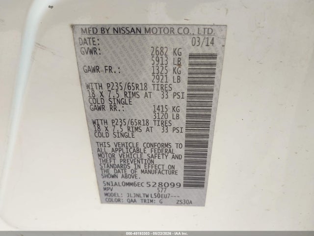 45193303 :رقم المزاد ، 5N1AL0MM6EC528099 vin ، 2014 Infiniti Qx60 مزاد بيع