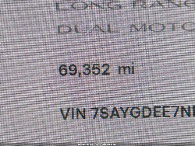 45193305 :رقم المزاد ، 7SAYGDEE7NF309146 vin ، 2022 Tesla Model Y Long Range Dual Motor All-wheel Drive مزاد بيع