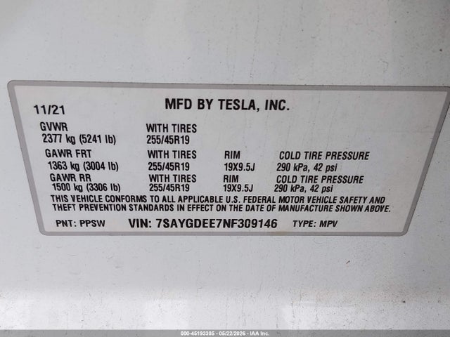 45193305 :رقم المزاد ، 7SAYGDEE7NF309146 vin ، 2022 Tesla Model Y Long Range Dual Motor All-wheel Drive مزاد بيع