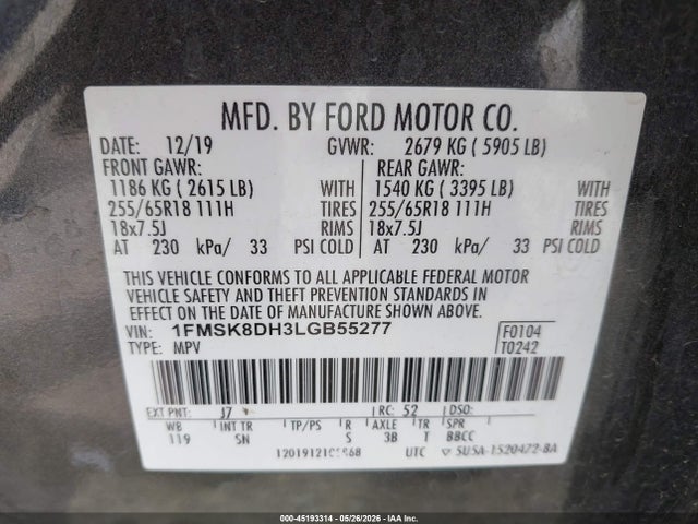 Ford EXPLORER XLT 2020 1FMSK8DH3LGB55277 Image 9