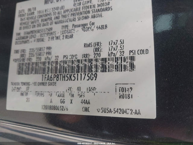 Продаж на аукціоні авто 2019 Ford Mustang Ecoboost, vin: 1FA6P8TH5K5117509, номер лоту: 45193317