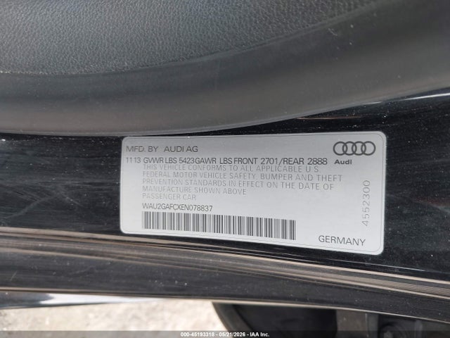 2014 Audi A7 3.0t Premium Plus მანქანა იყიდება აუქციონზე, vin: WAU2GAFCXEN078837, აუქციონის ნომერი: 45193318