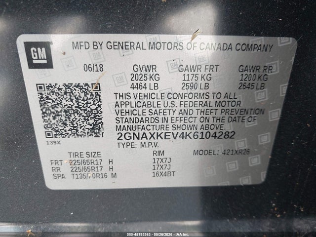 Продажа на аукционе авто 2019 Chevrolet Equinox Lt, vin: 2GNAXKEV4K6104282, номер лота: 45193363