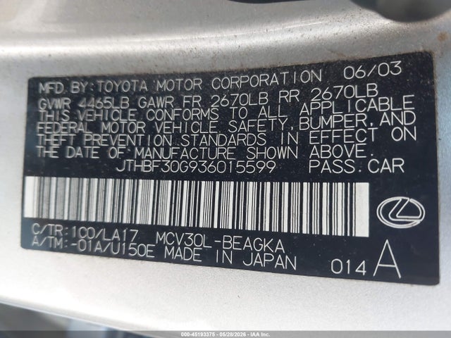 45193375 :رقم المزاد ، JTHBF30G936015599 vin ، 2003 Lexus Es 300 مزاد بيع
