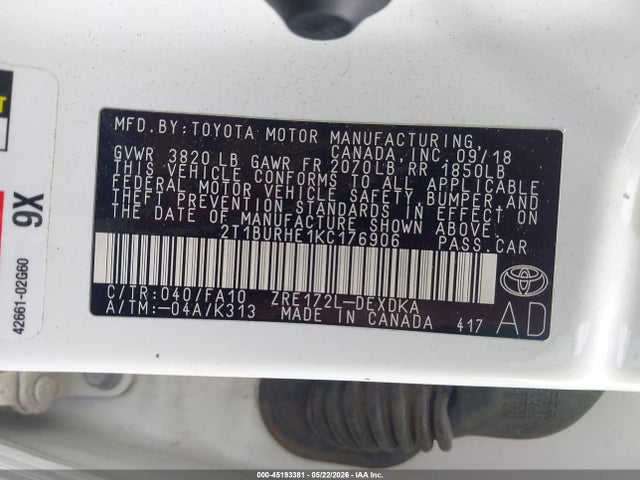 Aukcja sprzedaży 2019 Toyota Corolla L, vin: 2T1BURHE1KC176906, numer aukcji: 45193381