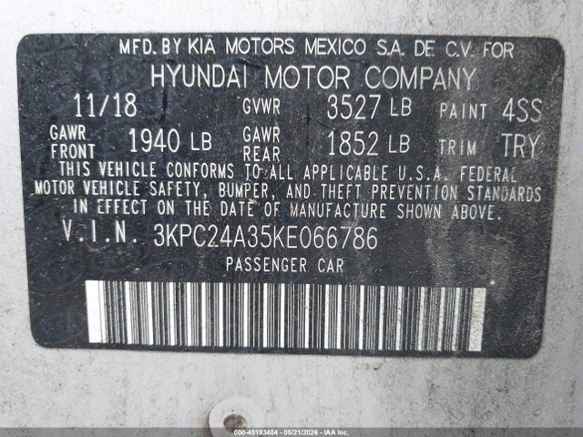 2019 Hyundai Accent Se მანქანა იყიდება აუქციონზე, vin: 3KPC24A35KE066786, აუქციონის ნომერი: 45193404