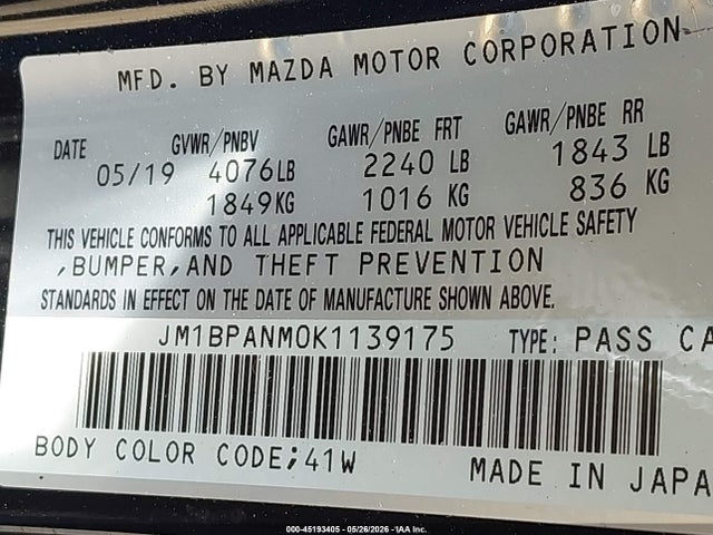 Продаж на аукціоні авто 2019 Mazda Mazda3 Premium Package, vin: JM1BPANM0K1139175, номер лоту: 45193405