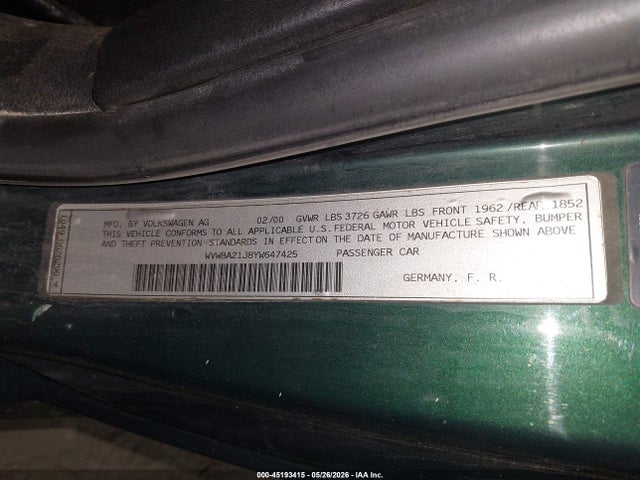 Продажа на аукционе авто 2000 Volkswagen Golf Gl, vin: WVWBA21J8YW647425, номер лота: 45193415