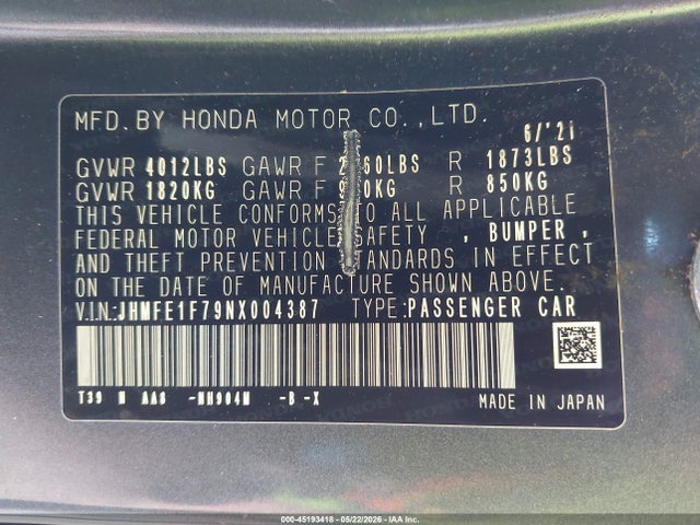 Aukcja sprzedaży 2022 Honda Civic Ex, vin: JHMFE1F79NX004387, numer aukcji: 45193418
