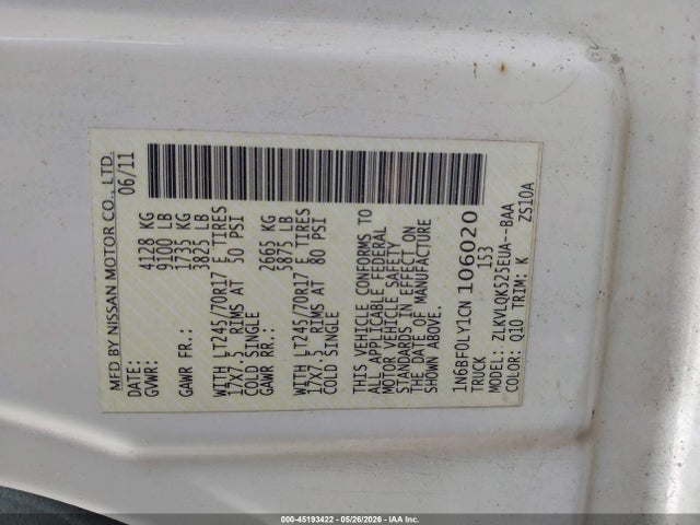 Продажа на аукционе авто 2012 Nissan Nv 2500 Nv2500 Hd S V6, vin: 1N6BF0LY1CN106020, номер лота: 45193422