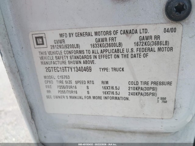 2000 Gmc Sierra 1500 Sle მანქანა იყიდება აუქციონზე, vin: 2GTEC19T7Y1340469, აუქციონის ნომერი: 45193432