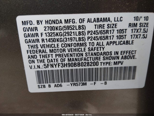 45193435 :رقم المزاد ، 5FNYF3H90BB028200 vin ، 2011 Honda Pilot Touring مزاد بيع