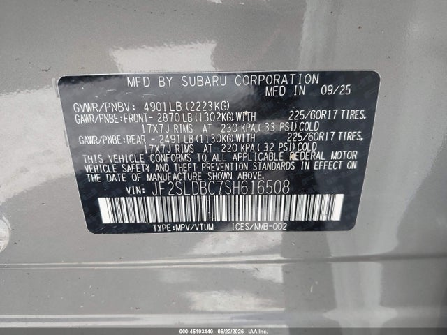 Продажа на аукционе авто 2025 Subaru Forester Premium, vin: JF2SLDBC7SH616508, номер лота: 45193440