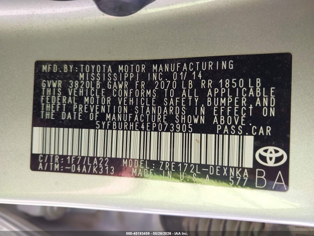 2014 Toyota Corolla Le Premium მანქანა იყიდება აუქციონზე, vin: 5YFBURHE4EP073905, აუქციონის ნომერი: 45193459