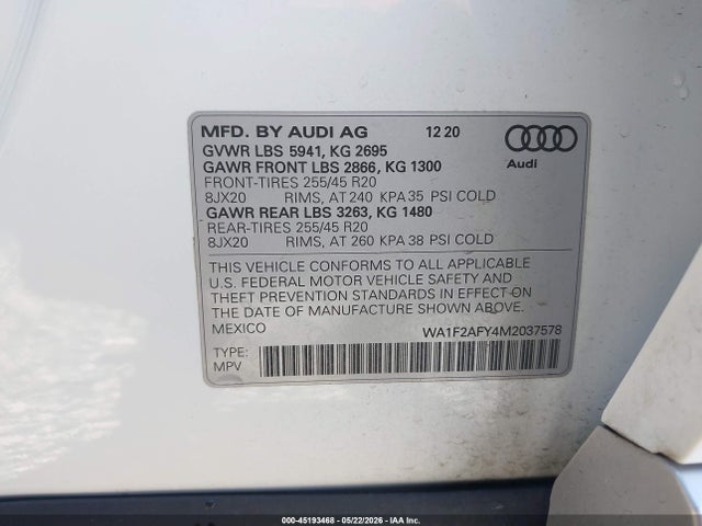 Aukcja sprzedaży 2021 Audi Q5 Prestige 55 Tfsi E Quattro S Tronic, vin: WA1F2AFY4M2037578, numer aukcji: 45193468