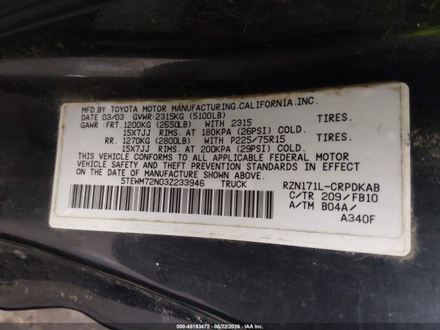 Aukcja sprzedaży 2003 Toyota Tacoma, vin: 5TEWM72N03Z233946, numer aukcji: 45193472