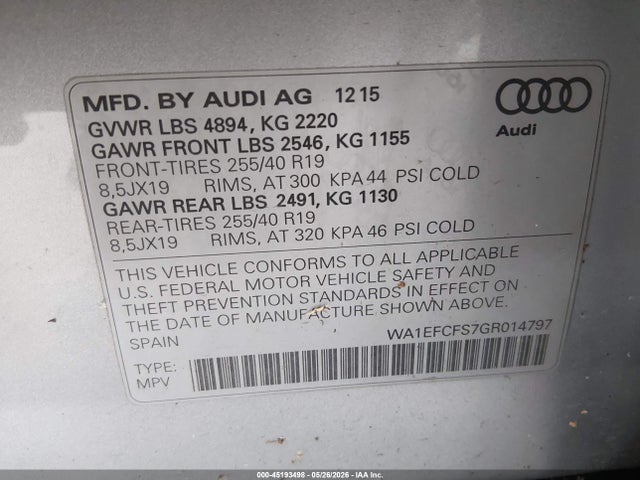 45193498 :رقم المزاد ، WA1EFCFS7GR014797 vin ، 2016 Audi Q3 2.0t Premium Plus مزاد بيع